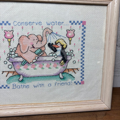 Hand Made Cross Stitched "Bathe with A Friend" Wall Art