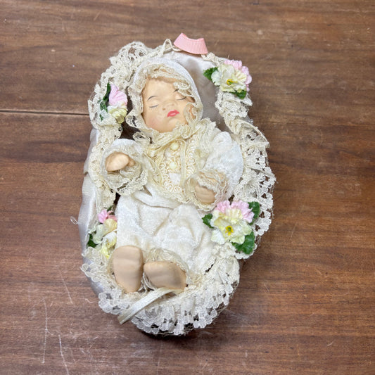 Vintage Porcelain Baby Doll in Bassinet Wicker Crib