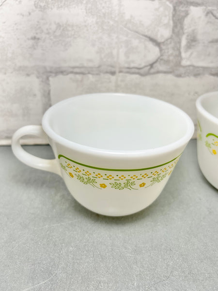 Pyrex Set of 2 Sunshine Floral Green & Yellow Flower Milk Glass Tea Cups