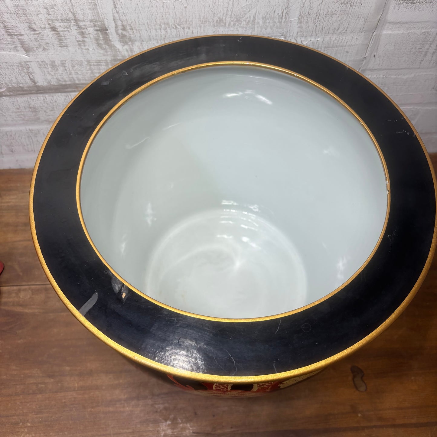 Rare Bombay Oriental Red Gold & Black Dragon Porcelain Fishbowl Planter Pot