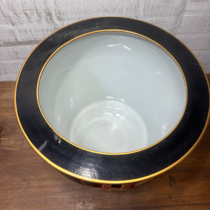 Rare Bombay Oriental Red Gold & Black Dragon Porcelain Fishbowl Planter Pot