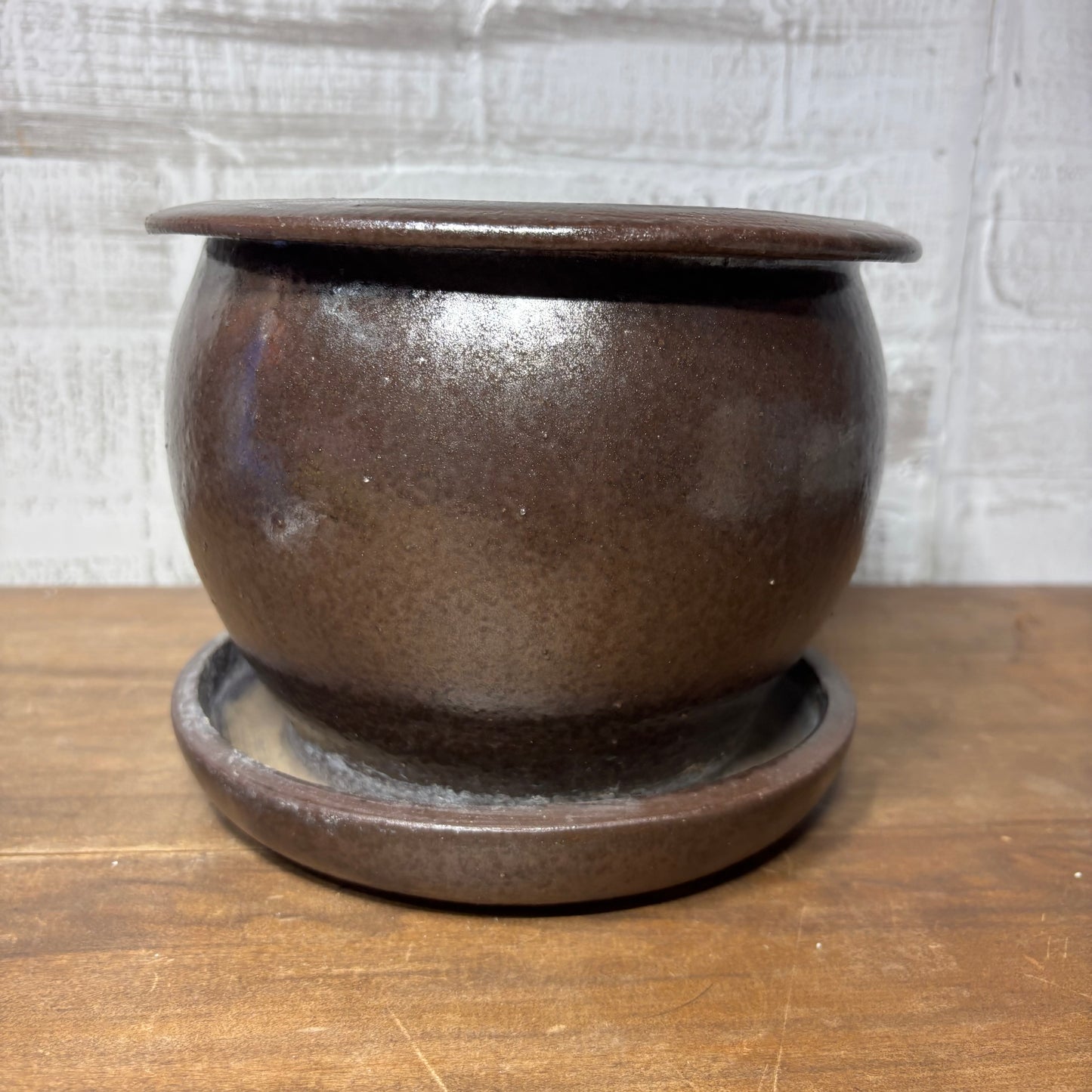 Brown Glaze Clay Pot W/ Attached Saucer