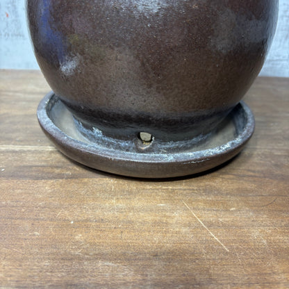 Brown Glaze Clay Pot W/ Attached Saucer