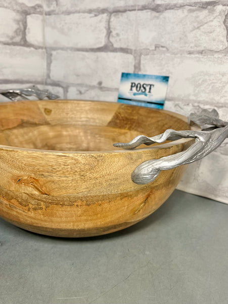 Wood Serving Bowl W/ Silver Leaf Handles