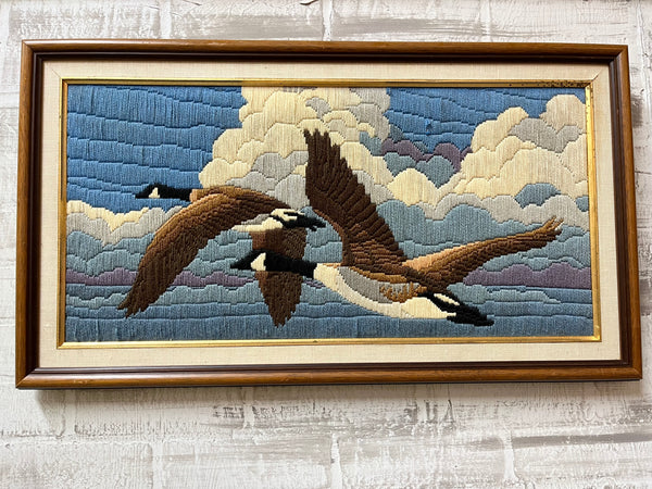 Vintage “Geese In Flight” Embroidered Art In Frame