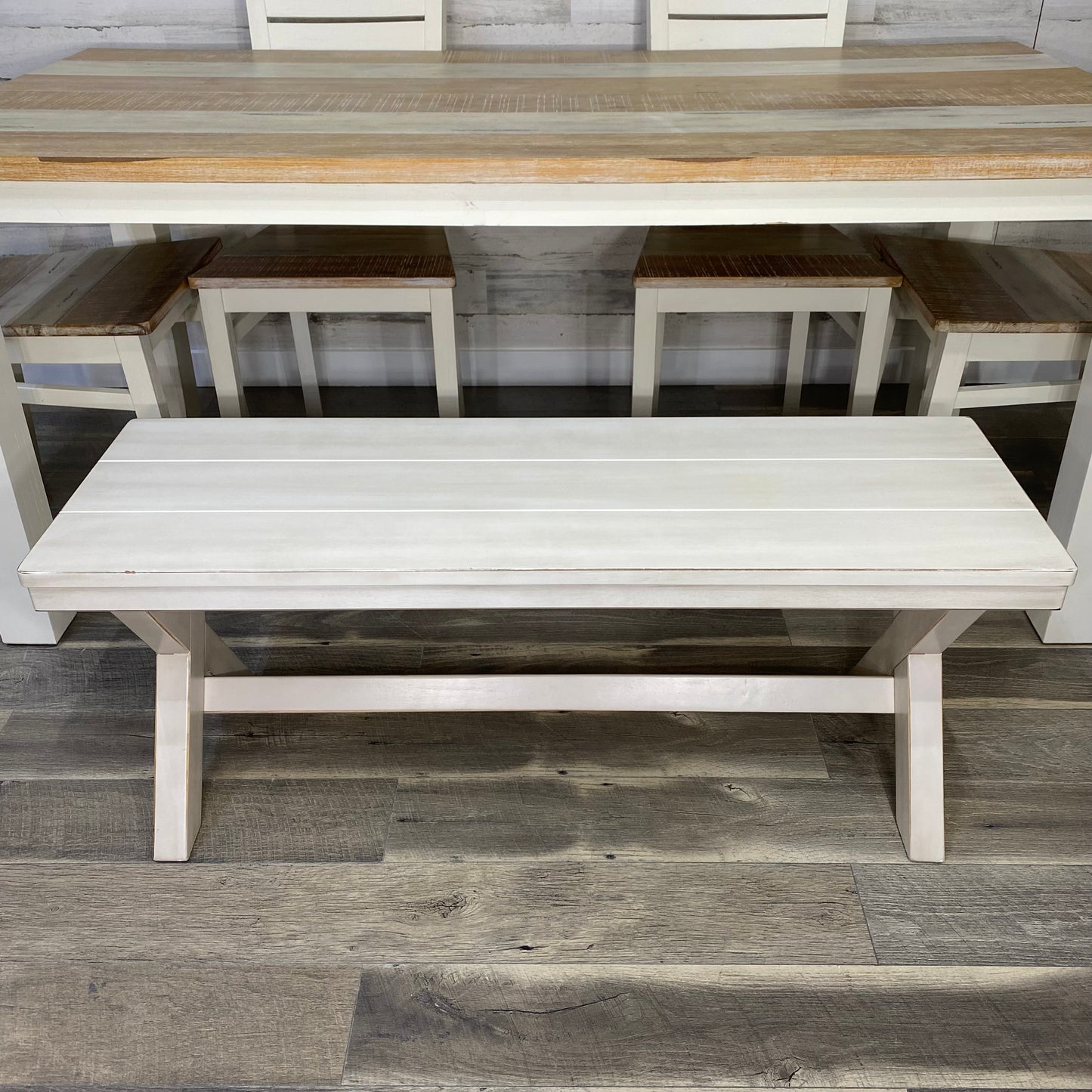 Farmhouse White Dining table, Chairs, & Bench