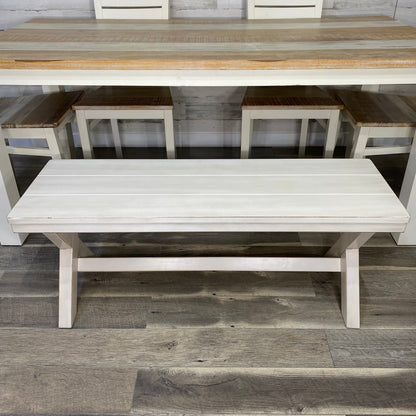 Farmhouse White Dining table, Chairs, & Bench