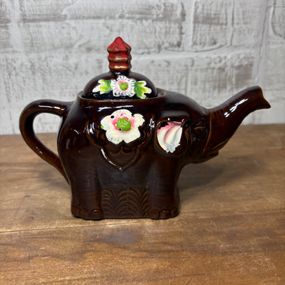 Vintage Japanese Brown W/Flowers Elephant Teapot