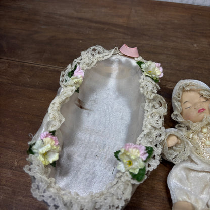 Vintage Porcelain Baby Doll in Bassinet Wicker Crib Basket