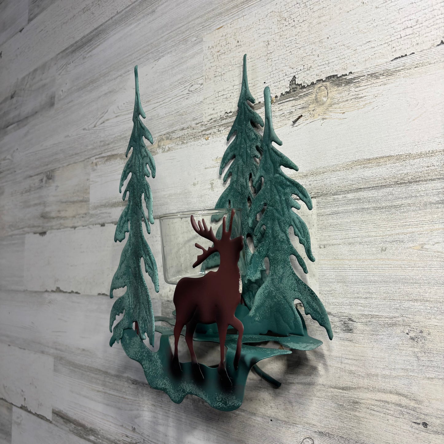 Homco Green Metal Elk/Deer Tree Candle Sconce