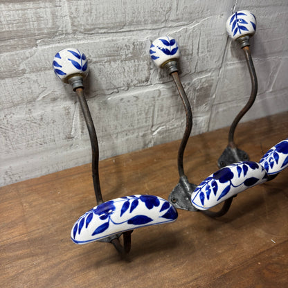 Antique Porcelain Blue And White Hooks Set Of 3