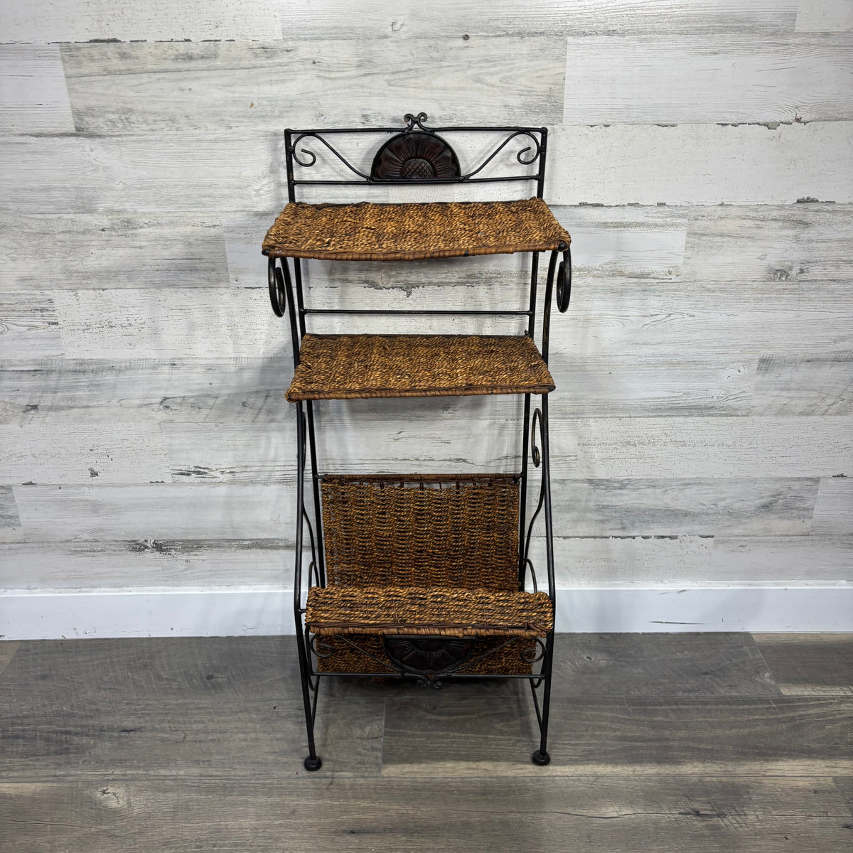 Vintage Metal and Rattan Shelf Unit