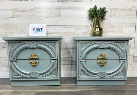 Blue Gray Nightstands W/ Gold Hardware Set Of 2