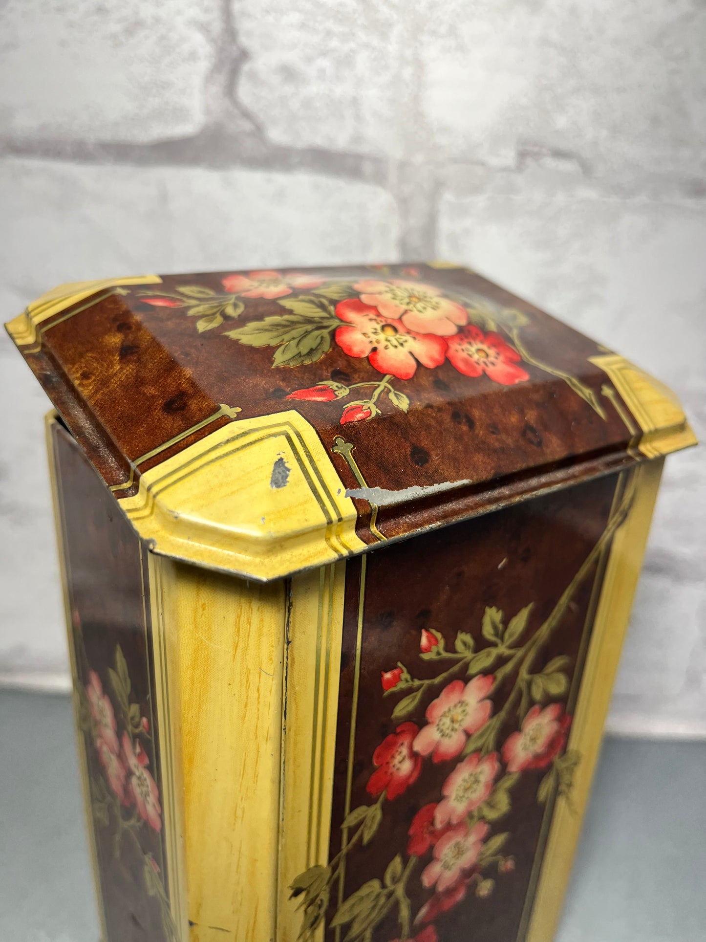 Vintage Tall Floral Pattern Tin W/ Hinge Lid