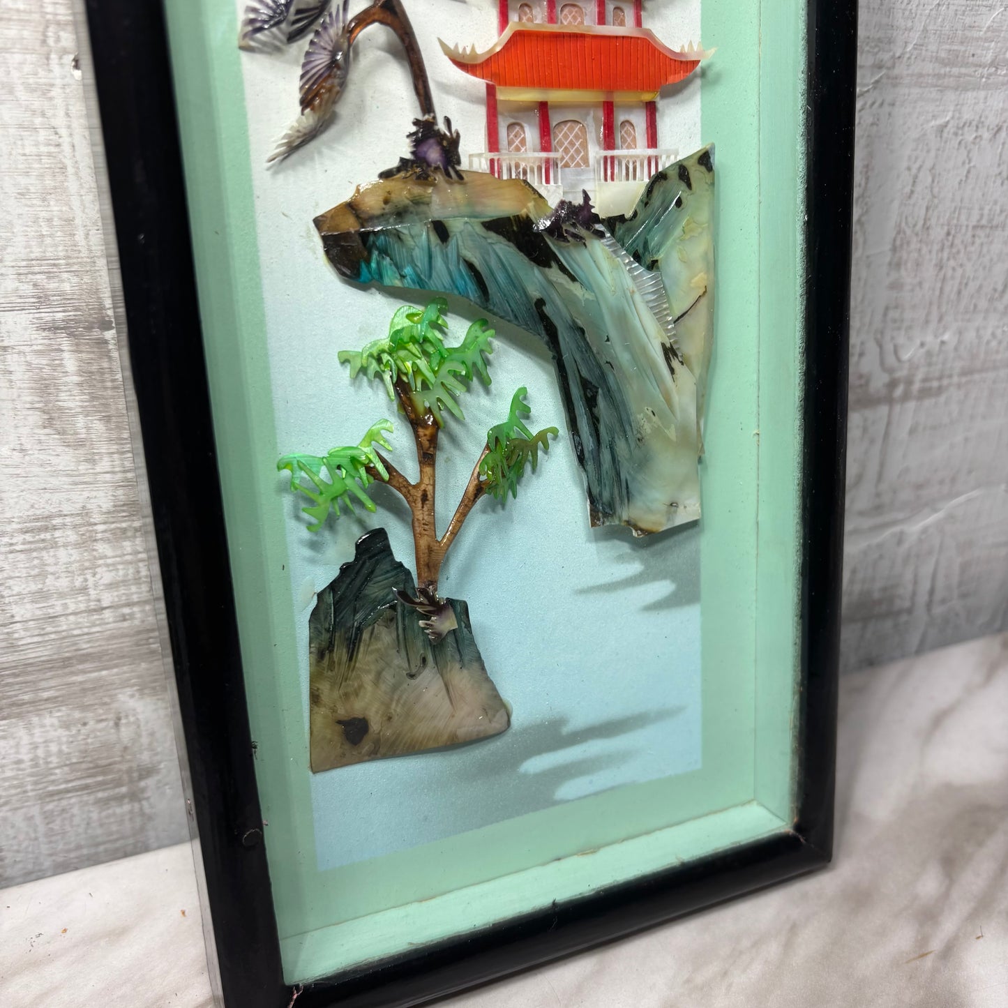 Vintage 3D Mother Of Pearl Shadow Box Asian Wall Art