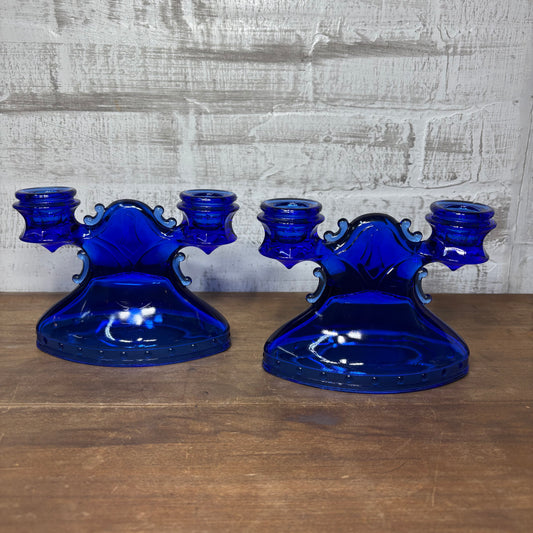 Vintage Cobalt Blue L.E. Smith Double Shield Candle Holder Set
