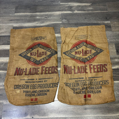 Two Vintage Burlap Sacks Oregon Egg Production "Nu-Lade Feeds"