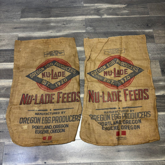 Two Vintage Burlap Sacks Oregon Egg Production "Nu-Lade Feeds"