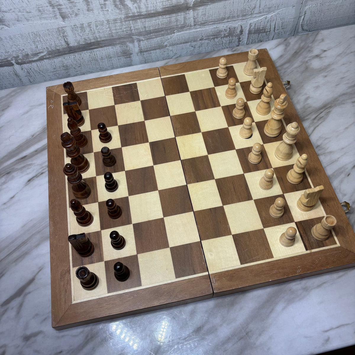Vintage Wooden Folding Travel Chess Board with Pieces