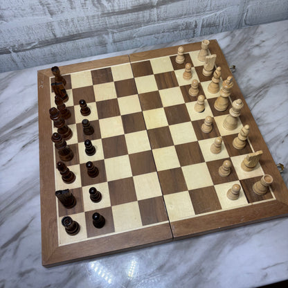Vintage Wooden Folding Travel Chess Board with Pieces