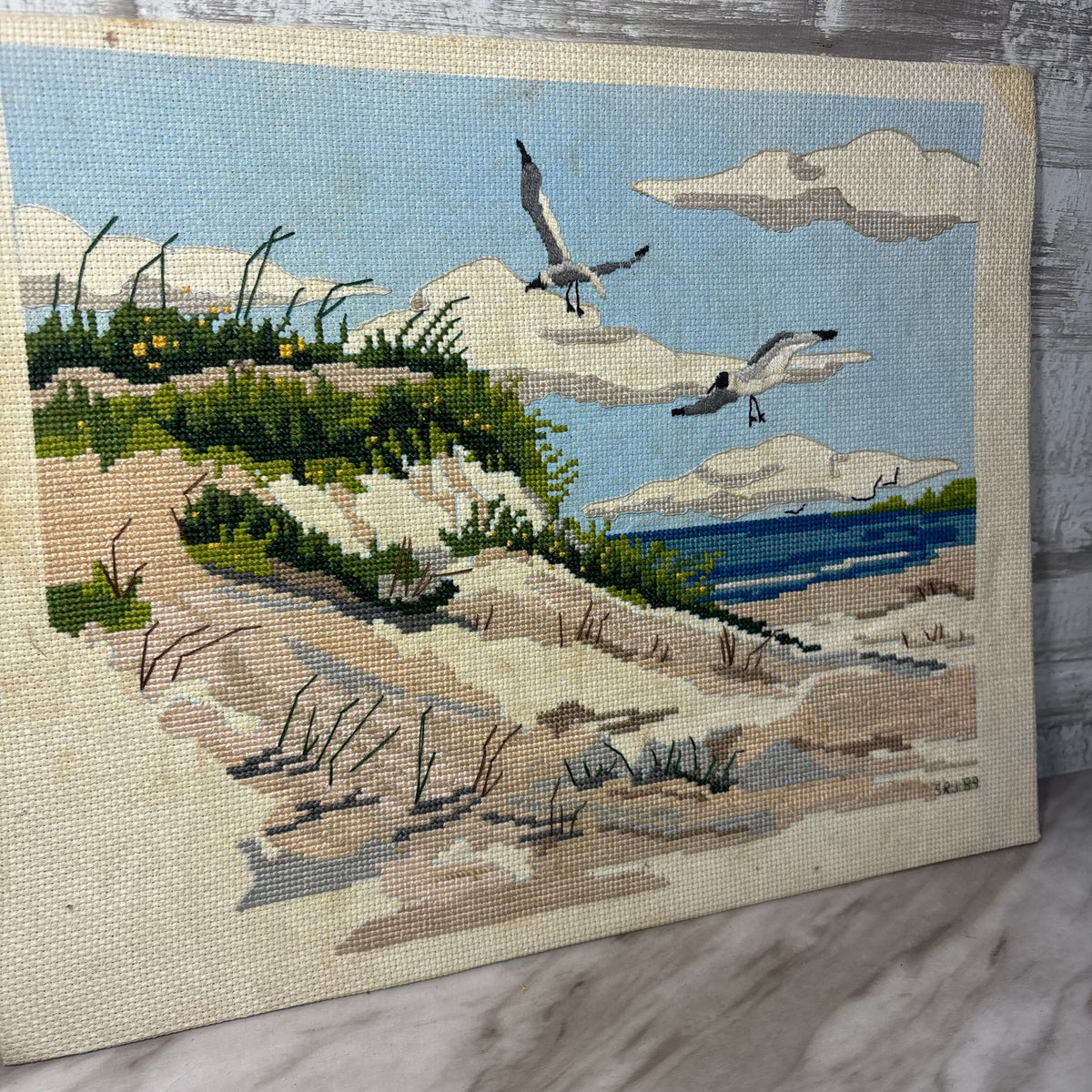 Vintage Signed Coastal Beach Scene Cross Stitch Panel