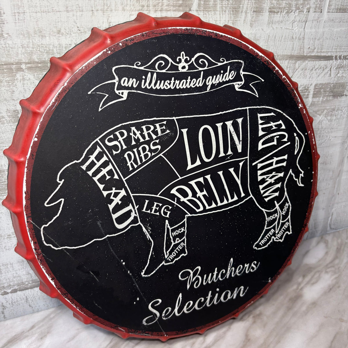 Farmhouse Butchers Pig Metal Bottle Cap Shaped Sign