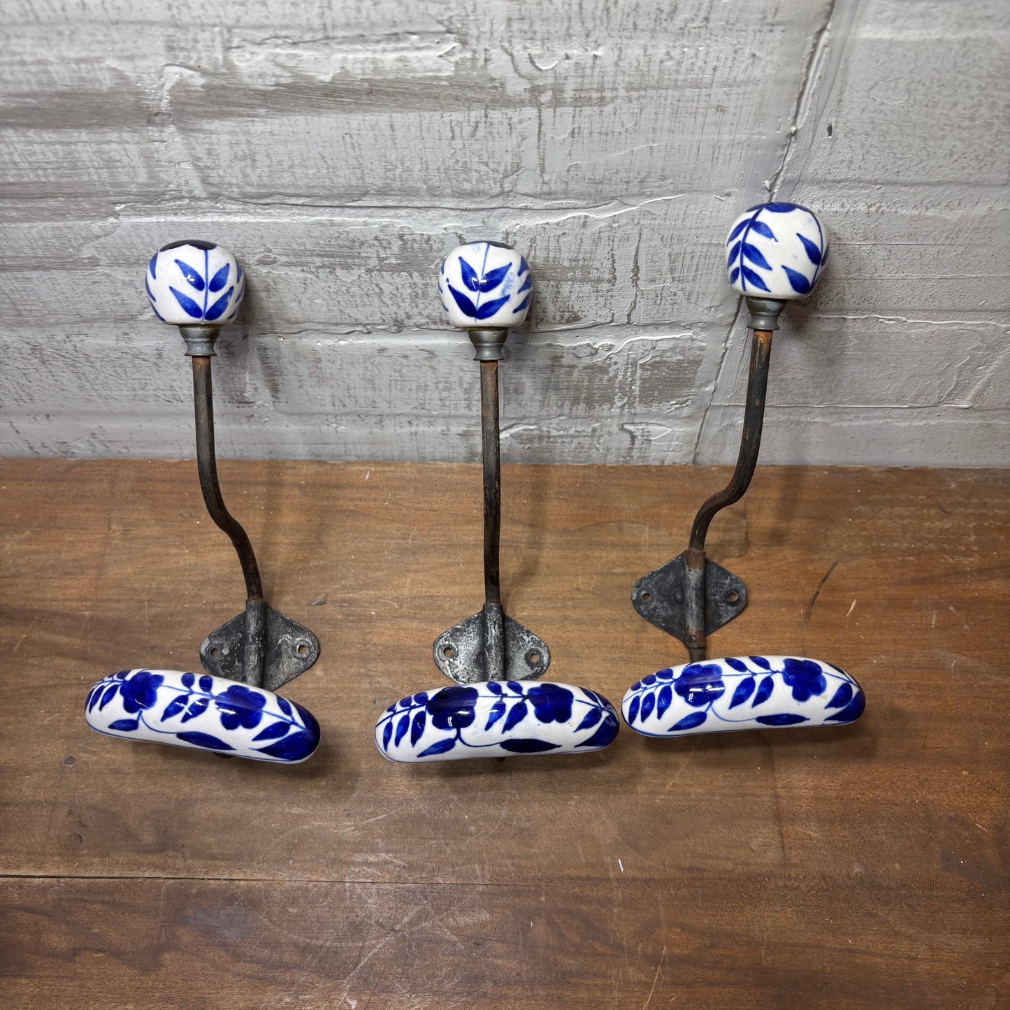Antique Porcelain Blue And White Hooks Set Of 3