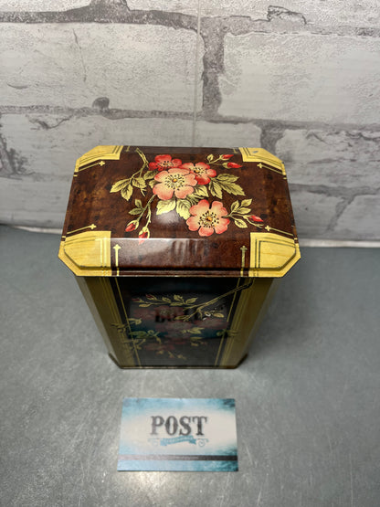 Vintage Tall Floral Pattern Tin W/ Hinge Lid