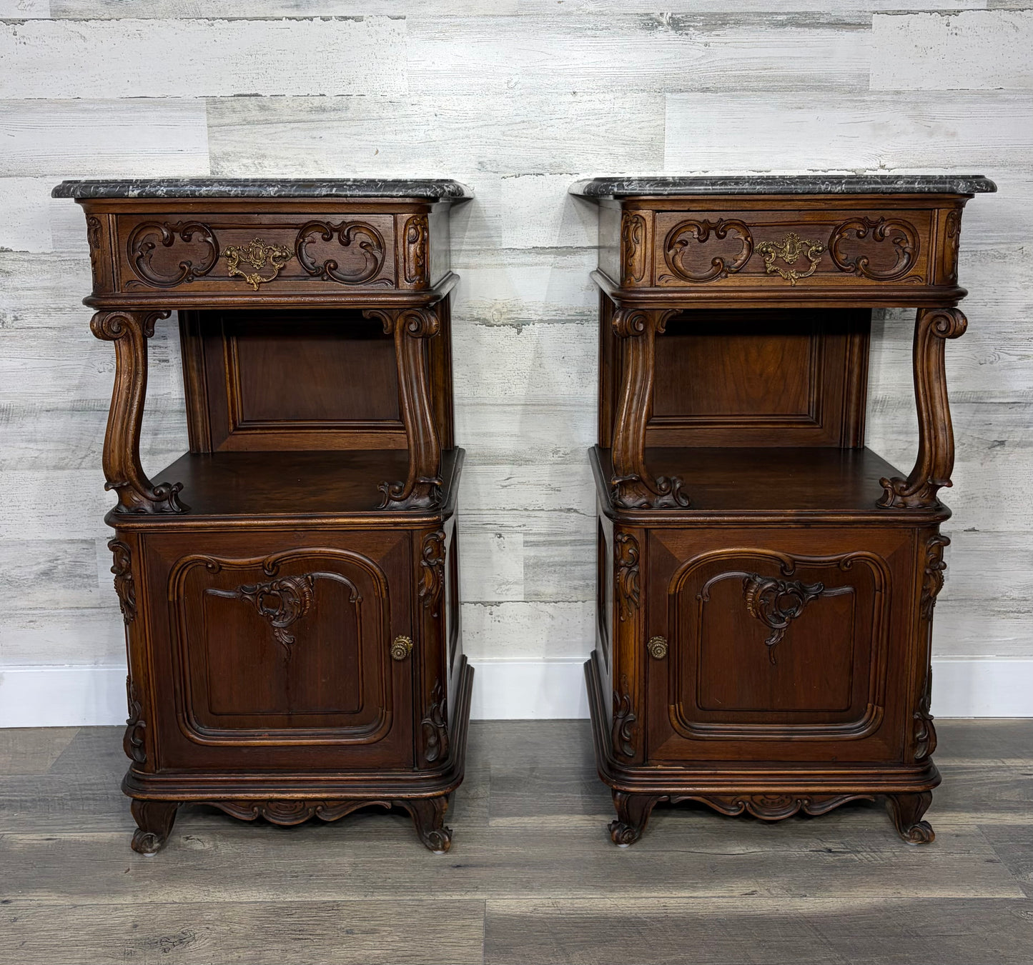Antique French Marble Top Nightstands Set Of 2