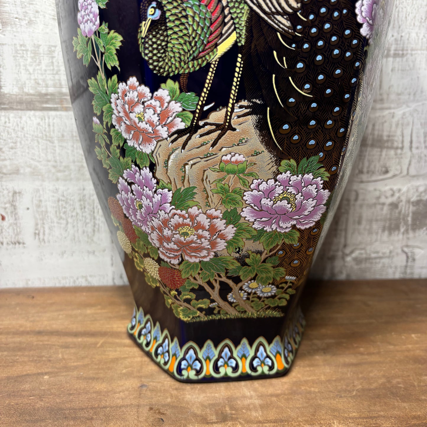 Vintage Japanese Peacock Design Cobalt Blue Vase With Lid