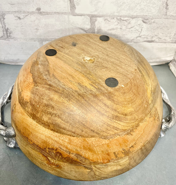 Wood Serving Bowl W/ Silver Leaf Handles