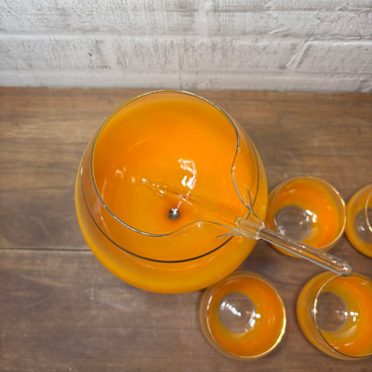 Mid Century Blendo Cocktail Set Orange Frosted Pitcher & Roly Poly Glasses