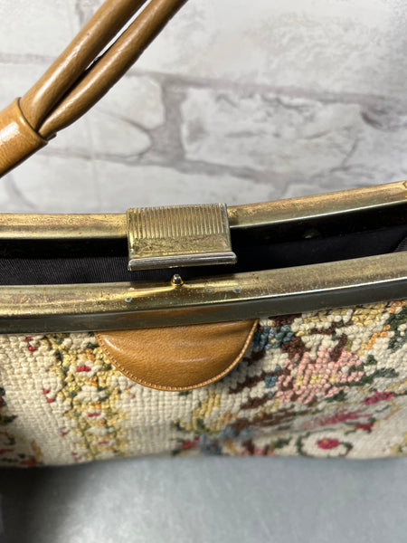 Mid-Century Embroidered Needlepoint Floral Tapestry Handbag