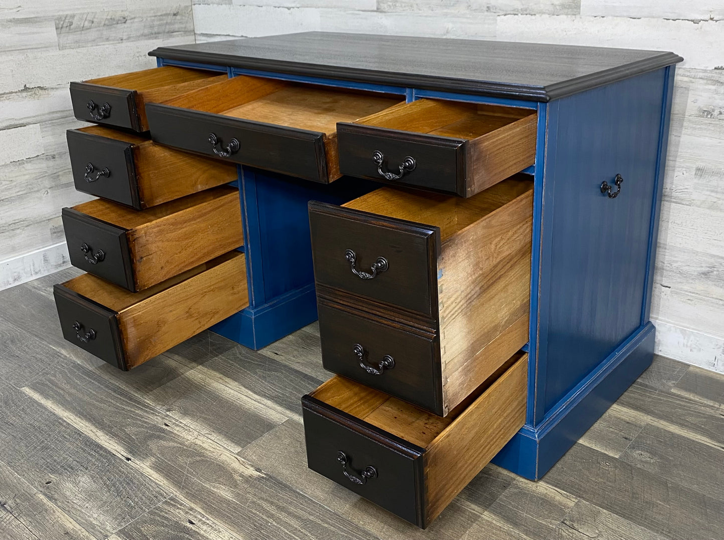 Navy Blue Desk W/ Dark Wood