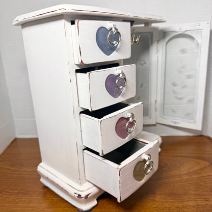 White Wooden Jewelry Box W/ Hearts