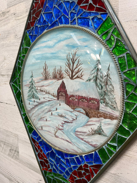 Stain Glass Winter Barn Painting