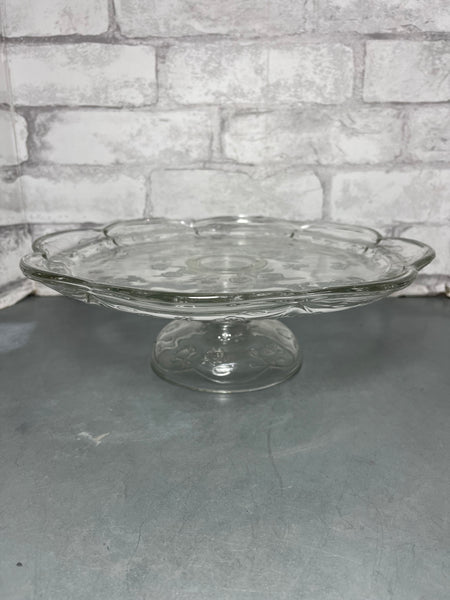 Vintage Raised Floral Pattern Glass Cake Stand