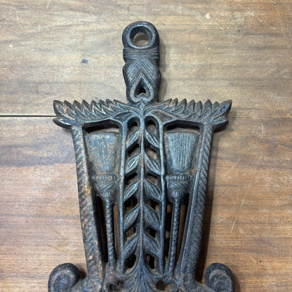 Vintage Cast Iron Trivet Broom And Wheat Design