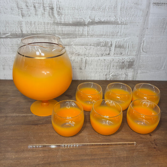 Mid Century Blendo Cocktail Set Orange Frosted Pitcher & Roly Poly Glasses