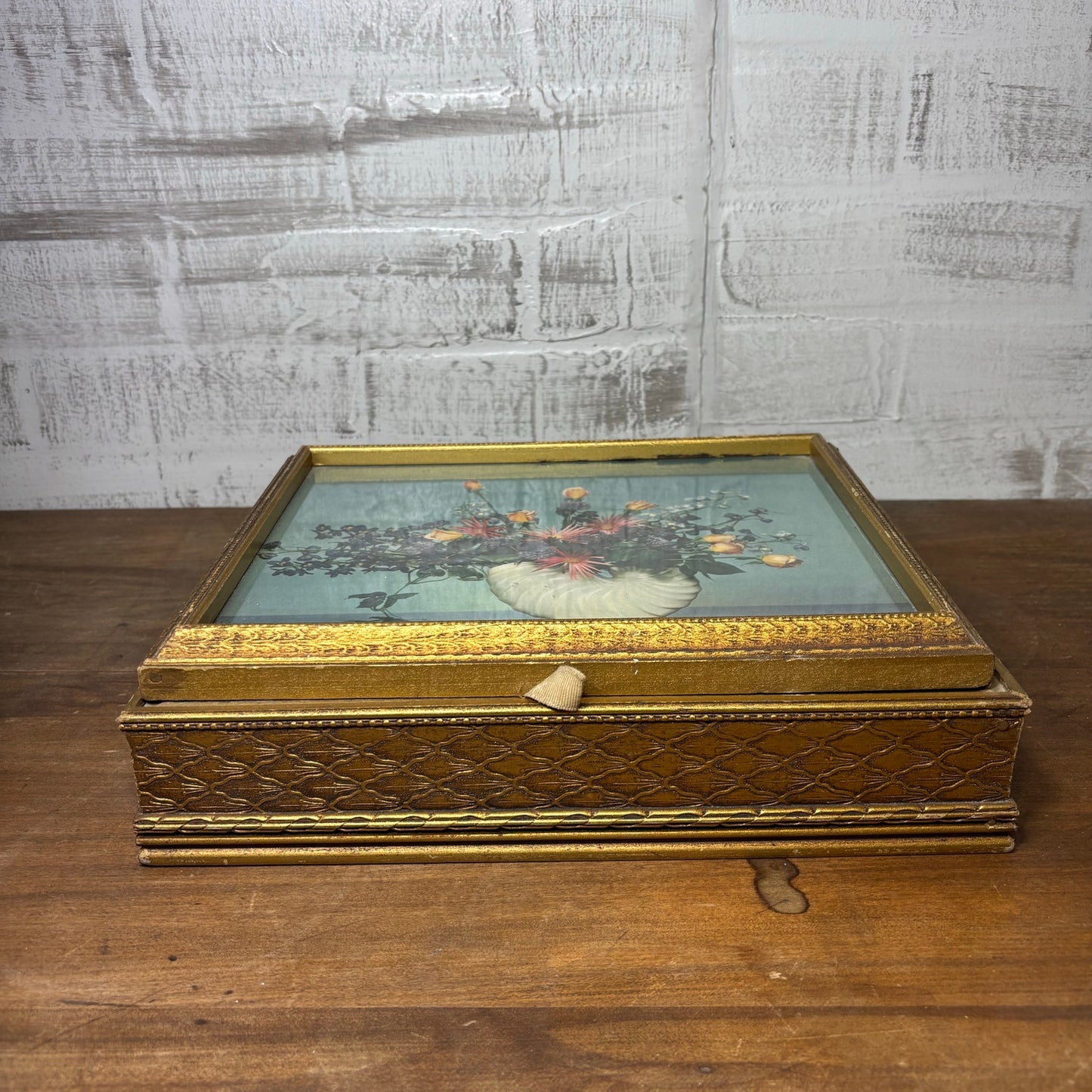 Vintage Wooden Jewelry Box W/ Flowers in Vase Picture
