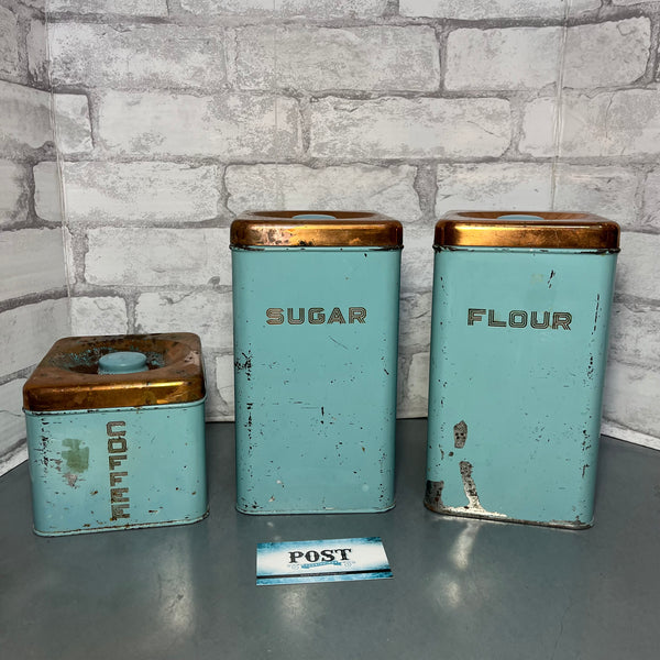 Vintage Lincoln Beautyware Turquoise And Copper Canister Set Of 3