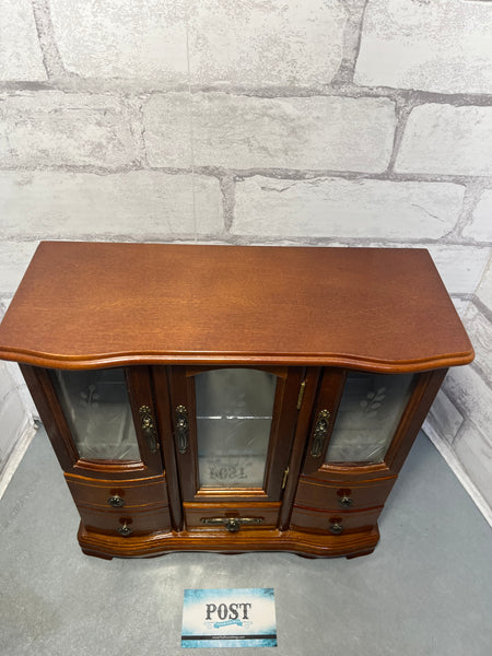 Vintage Wood Jewelry Box Hutch With Glass Doors