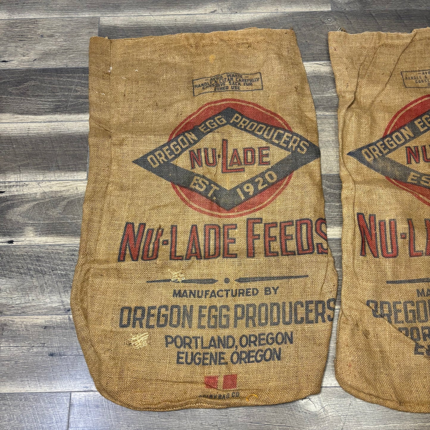Two Vintage Burlap Sacks Oregon Egg Production "Nu-Lade Feeds"