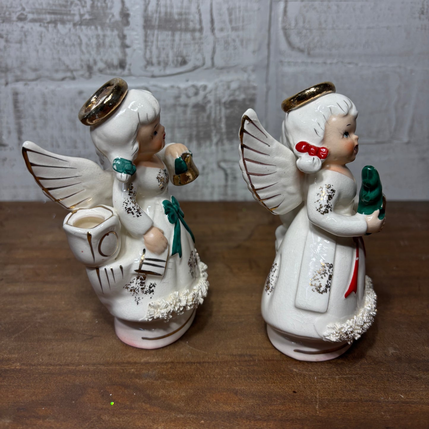 Vintage Ucagco Spaghetti Trim Angel Candle Holder Set