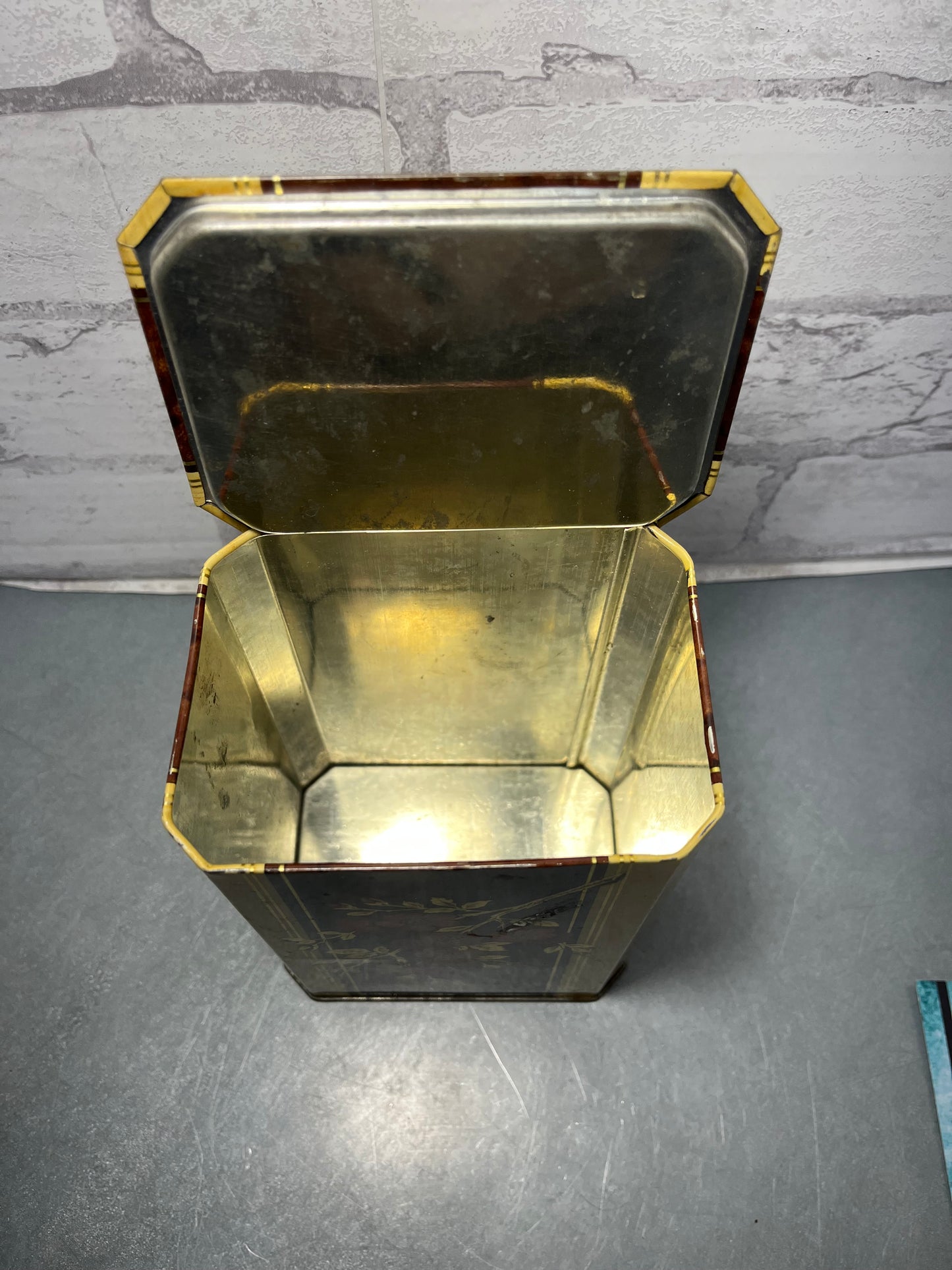 Vintage Tall Floral Pattern Tin W/ Hinge Lid