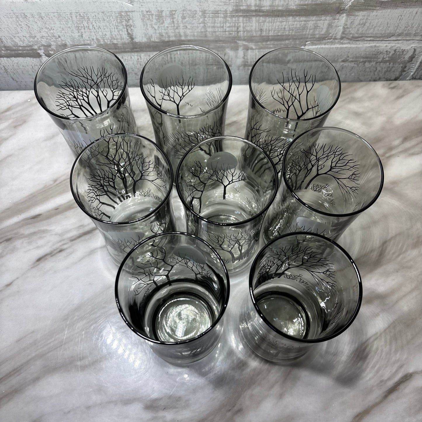 Smoked Gray Black Tree Moon Design Set Of 8 Glasses
