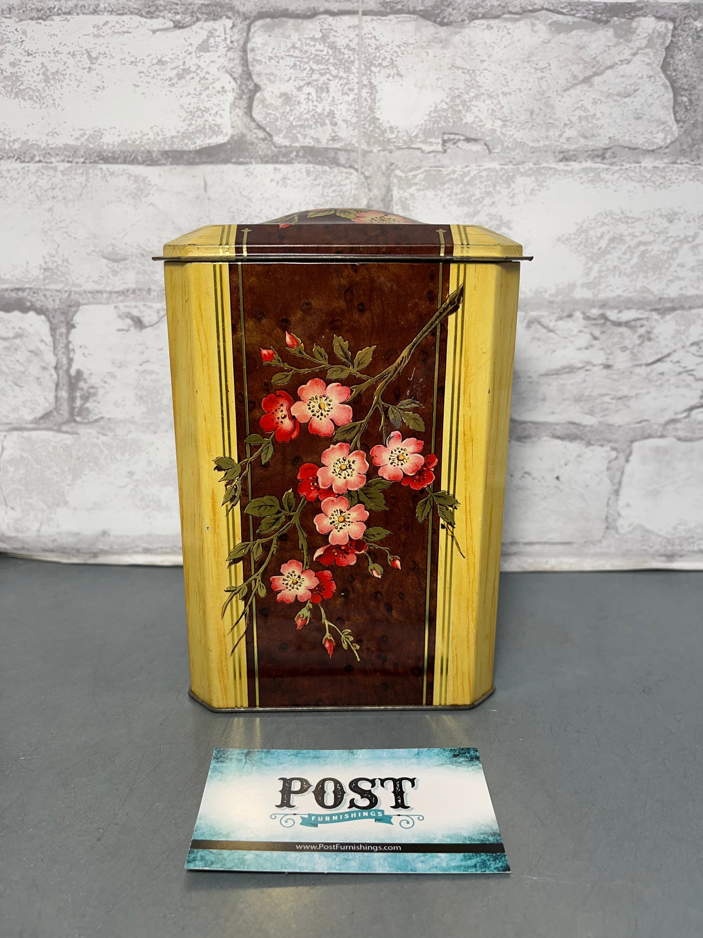 Vintage Tall Floral Pattern Tin W/ Hinge Lid