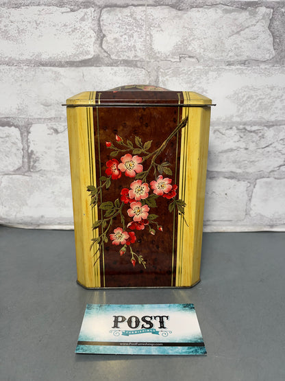 Vintage Tall Floral Pattern Tin W/ Hinge Lid