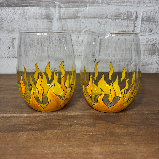 Hand Painted Flames Stemless Wine Glasses Set