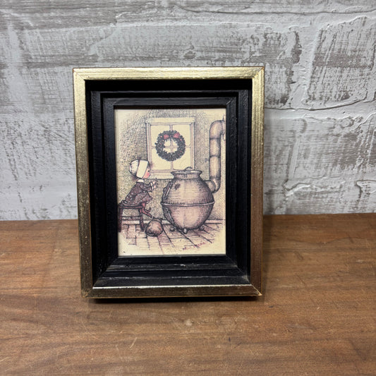 Vintage Decorative Framed “Young Girl By A Cast Iron Stove” Print